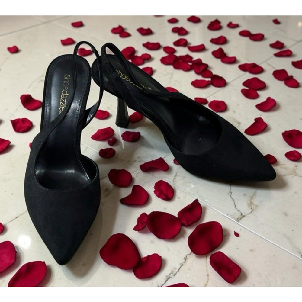 Shoe Dazzle Black Brit Sling-Back Flared Pump Heels Sz 8 Faux Suede 4" Heel - Picture 8 of 8